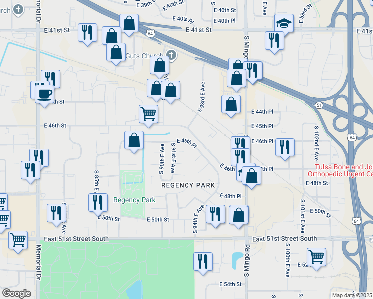 map of restaurants, bars, coffee shops, grocery stores, and more near 9121 East 47th Street in Tulsa