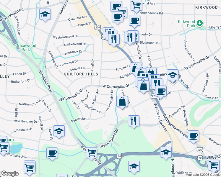 map of restaurants, bars, coffee shops, grocery stores, and more near 2327 West Cornwallis Drive in Greensboro