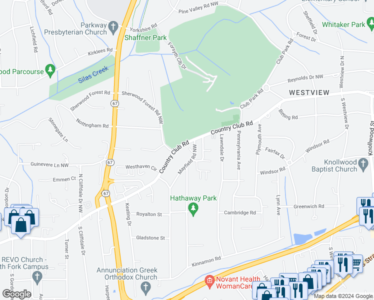 map of restaurants, bars, coffee shops, grocery stores, and more near 3312 Mayfield Court in Winston-Salem