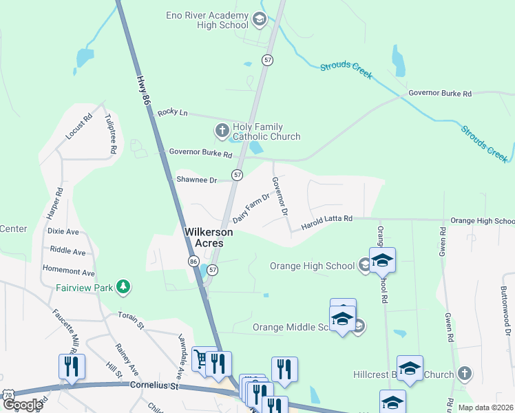 map of restaurants, bars, coffee shops, grocery stores, and more near 411 Dairy Farm Drive in Hillsborough