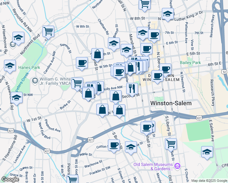 map of restaurants, bars, coffee shops, grocery stores, and more near 648 Holly Avenue Northwest in Winston-Salem