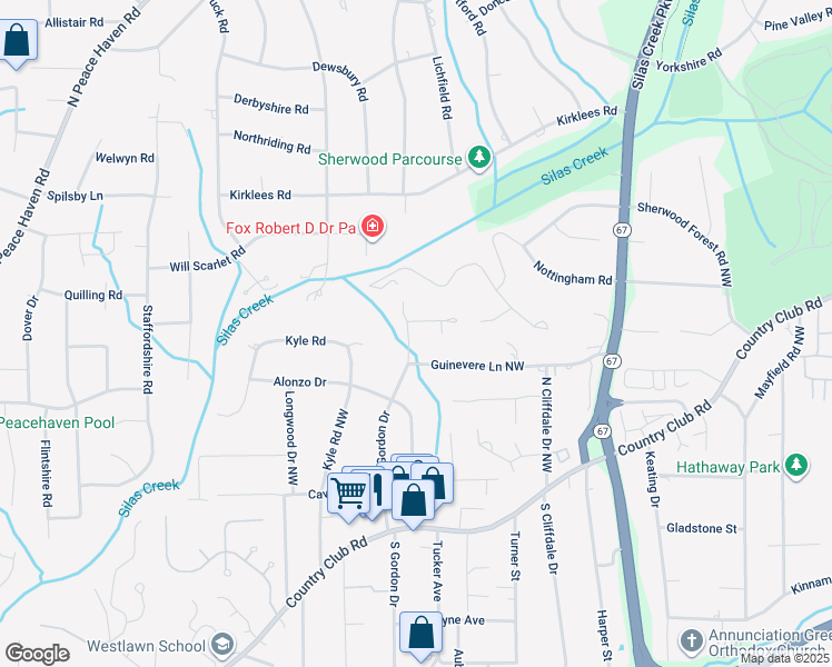 map of restaurants, bars, coffee shops, grocery stores, and more near 406 North Gordon Drive in Winston-Salem