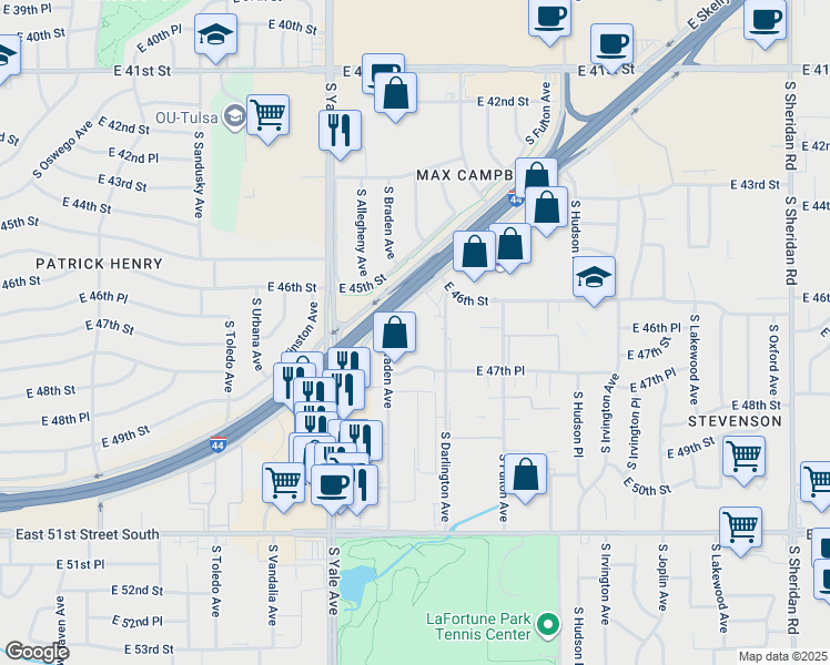 map of restaurants, bars, coffee shops, grocery stores, and more near 4631 South Braden Avenue in Tulsa
