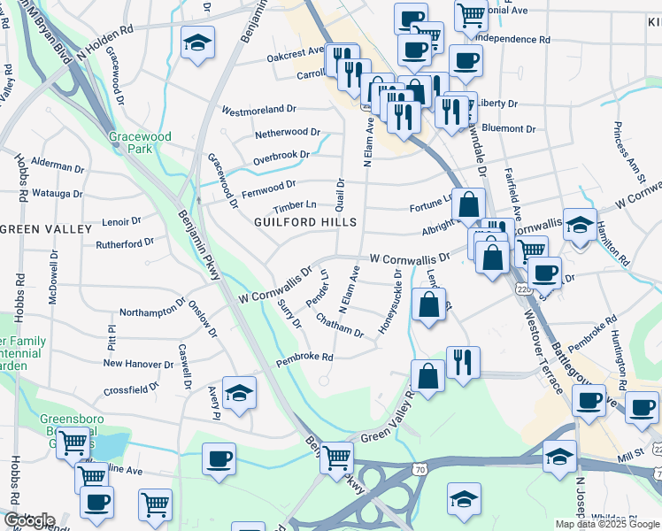 map of restaurants, bars, coffee shops, grocery stores, and more near 2409 West Cornwallis Drive in Greensboro