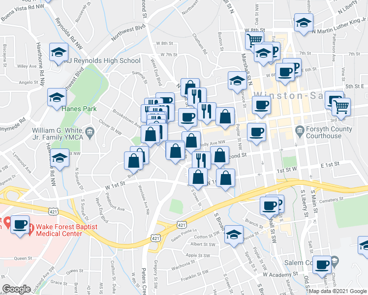 map of restaurants, bars, coffee shops, grocery stores, and more near Holly Ave NW & N Green St in Winston-Salem