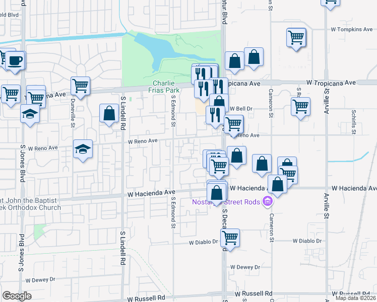 map of restaurants, bars, coffee shops, grocery stores, and more near 5125 West Reno Avenue in Las Vegas