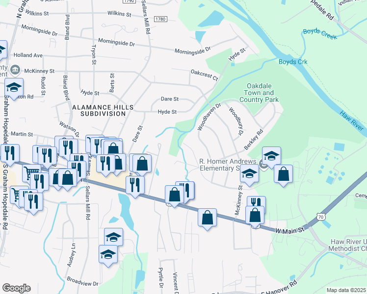 map of restaurants, bars, coffee shops, grocery stores, and more near 2316 Buckingham Road in Burlington