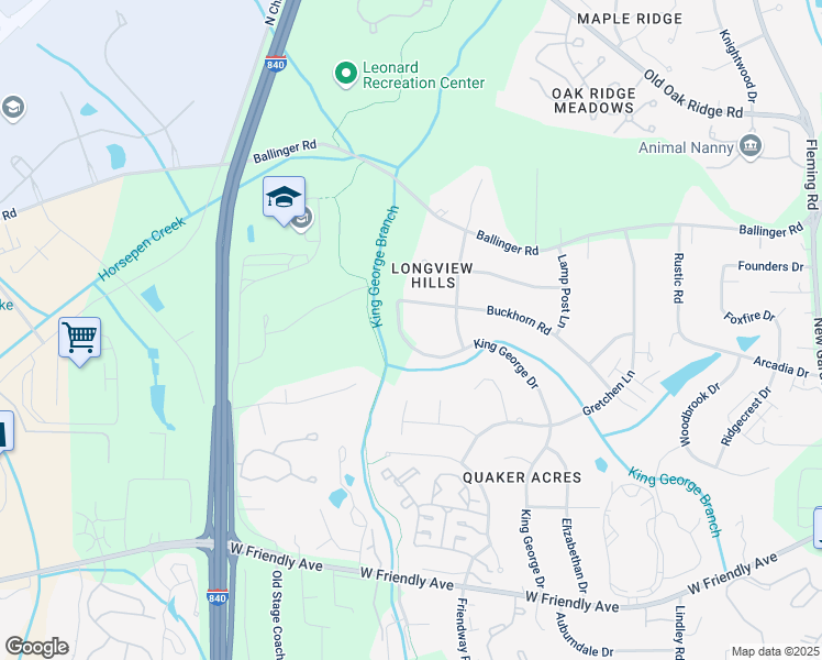 map of restaurants, bars, coffee shops, grocery stores, and more near 1312 King George Drive in Greensboro