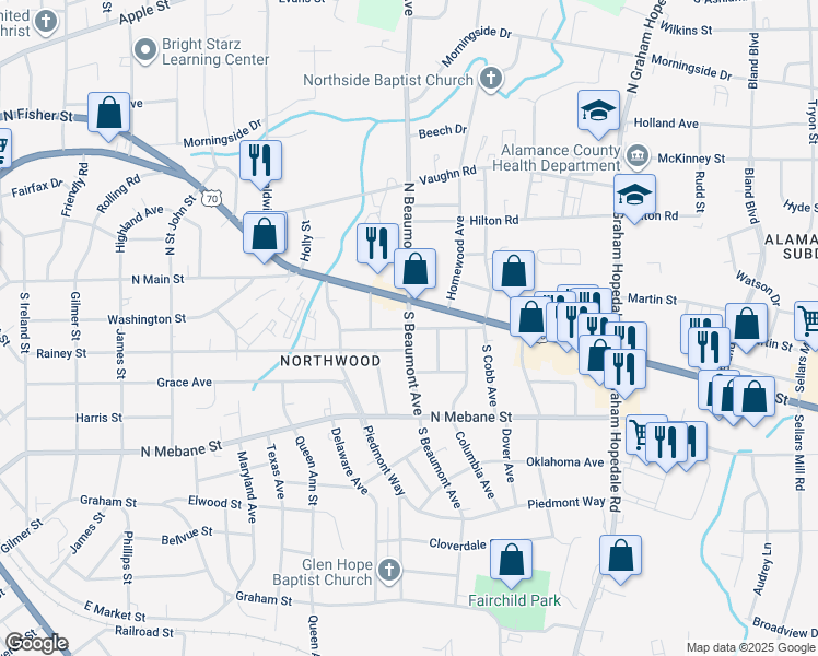map of restaurants, bars, coffee shops, grocery stores, and more near 1398 Bowman Avenue in Burlington