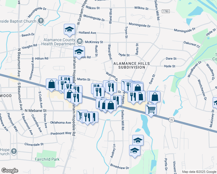map of restaurants, bars, coffee shops, grocery stores, and more near 201 Bland Boulevard in Burlington