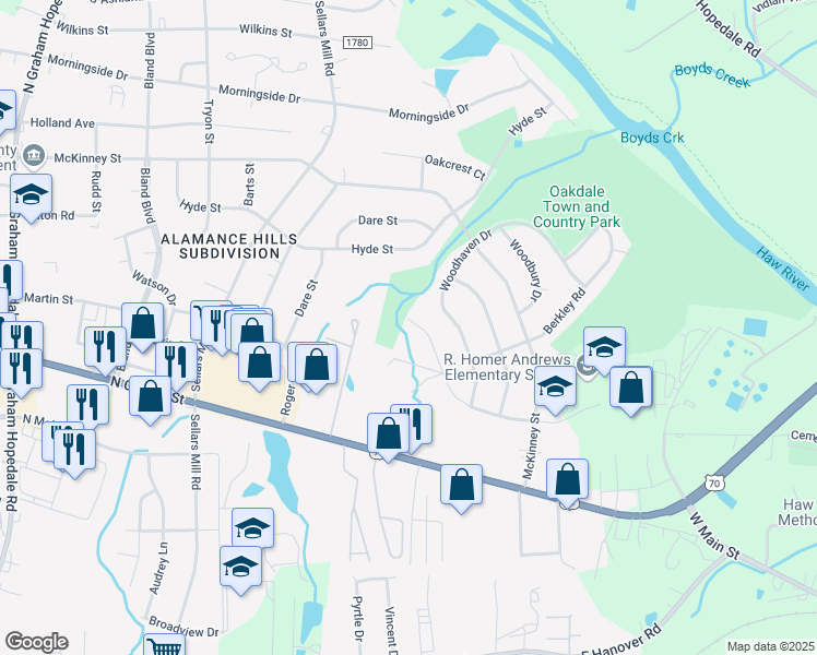 map of restaurants, bars, coffee shops, grocery stores, and more near 2316 Buckingham Road in Burlington