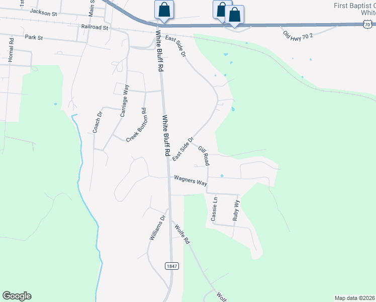 map of restaurants, bars, coffee shops, grocery stores, and more near 110 Gill Road in White Bluff
