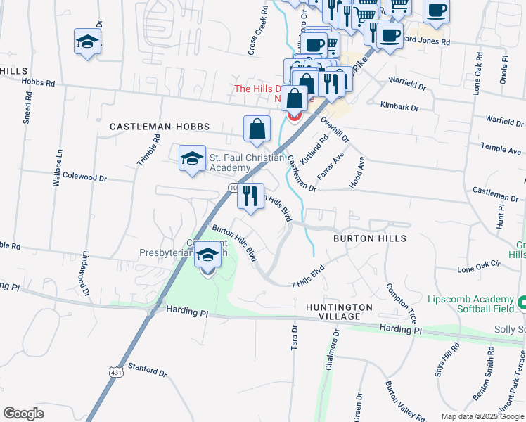 map of restaurants, bars, coffee shops, grocery stores, and more near 1 Burton Hills Boulevard in Nashville