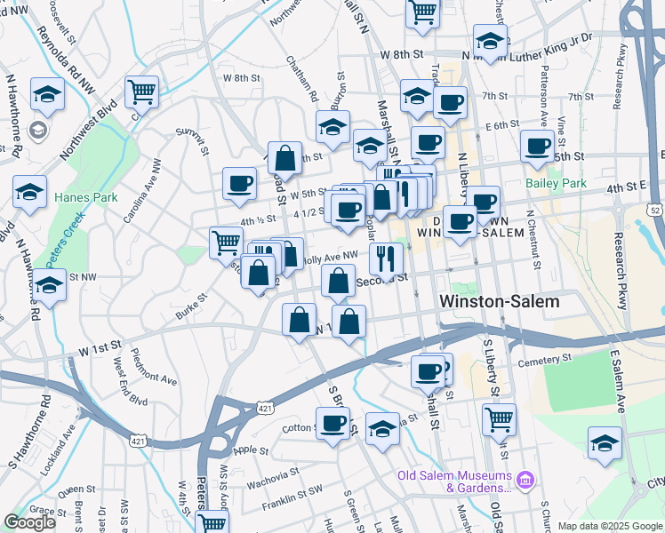 map of restaurants, bars, coffee shops, grocery stores, and more near 648 Holly Avenue Northwest in Winston-Salem