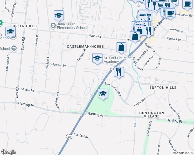 map of restaurants, bars, coffee shops, grocery stores, and more near 100 Jefferson Square in Nashville