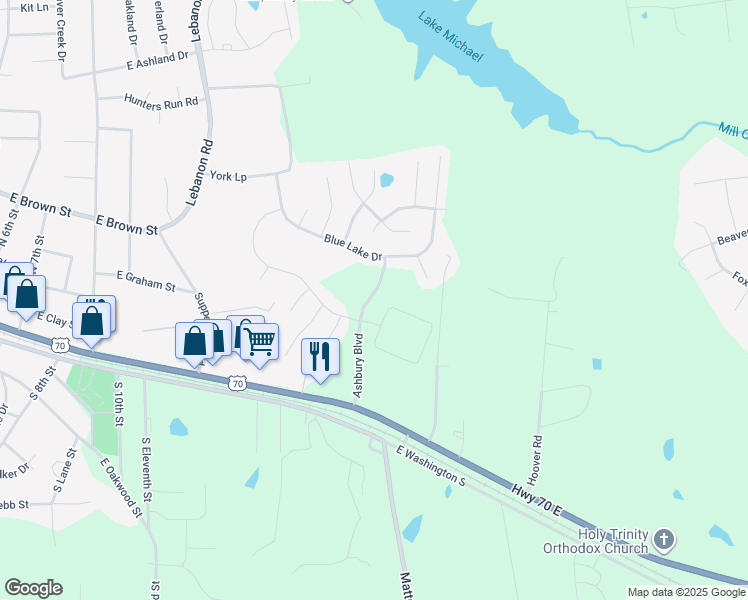 map of restaurants, bars, coffee shops, grocery stores, and more near 200 Ashbury Boulevard in Mebane