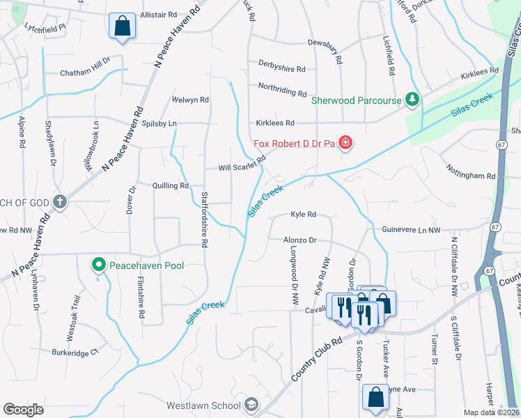 map of restaurants, bars, coffee shops, grocery stores, and more near 423 Kyle Road in Winston-Salem