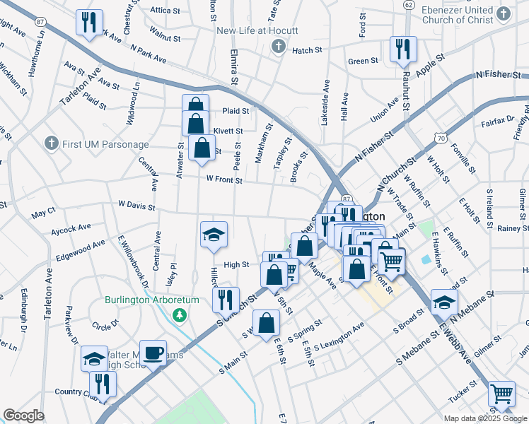 map of restaurants, bars, coffee shops, grocery stores, and more near 603 West Davis Street in Burlington