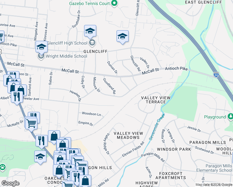 map of restaurants, bars, coffee shops, grocery stores, and more near 3344 Mimosa Drive in Nashville