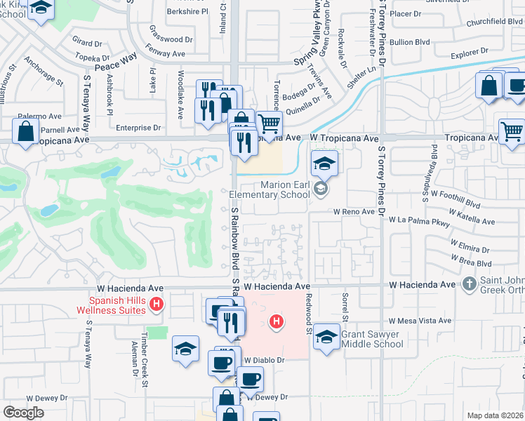 map of restaurants, bars, coffee shops, grocery stores, and more near 5068 South Rainbow Boulevard in Las Vegas