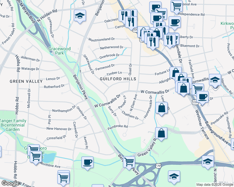 map of restaurants, bars, coffee shops, grocery stores, and more near 2506 West Cornwallis Drive in Greensboro