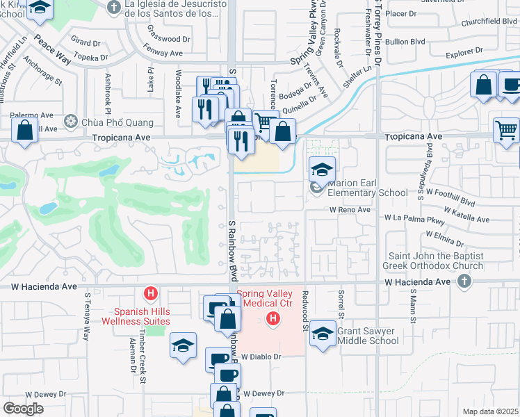 map of restaurants, bars, coffee shops, grocery stores, and more near 5068 South Rainbow Boulevard in Las Vegas