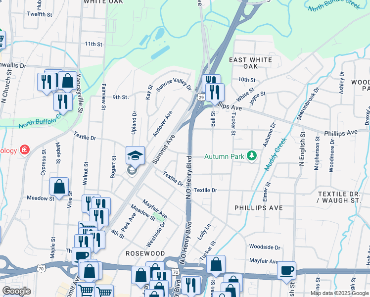 map of restaurants, bars, coffee shops, grocery stores, and more near 1603 North O.Henry Boulevard in Greensboro