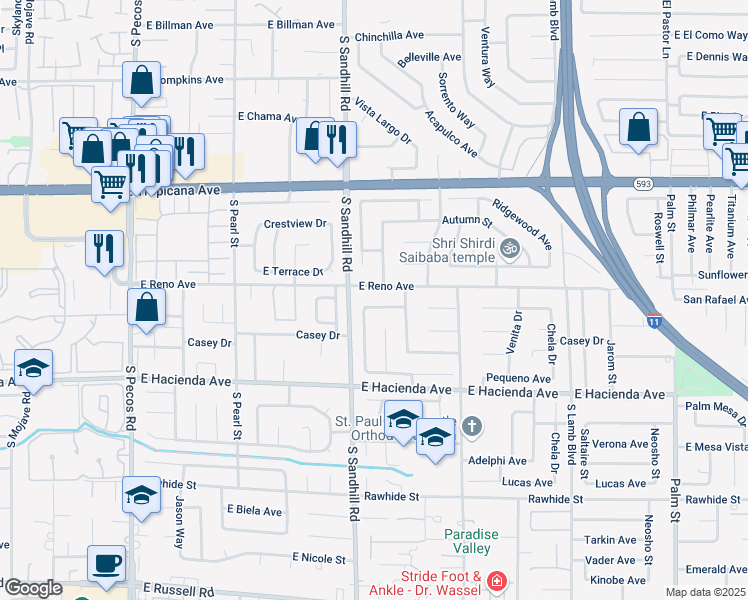 map of restaurants, bars, coffee shops, grocery stores, and more near 3846 Valley Meadow Drive in Las Vegas