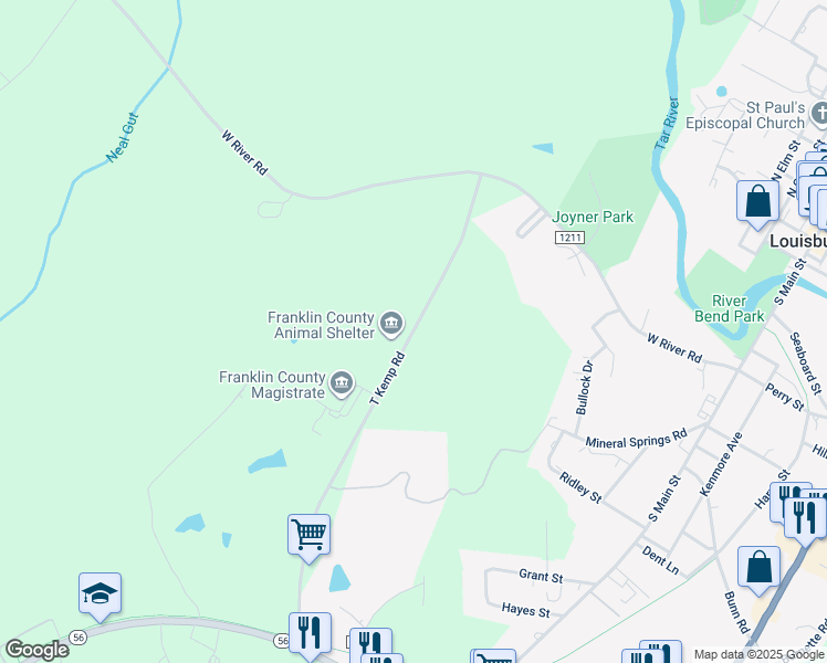 map of restaurants, bars, coffee shops, grocery stores, and more near T Kemp Road in Louisburg