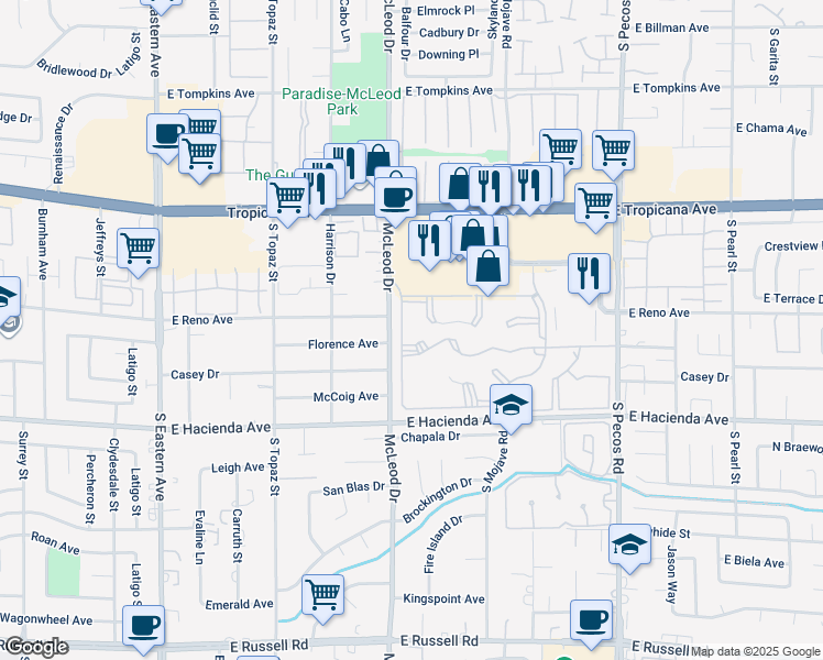 map of restaurants, bars, coffee shops, grocery stores, and more near 3044 Casey Drive in Las Vegas
