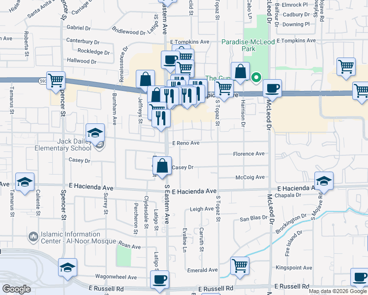 map of restaurants, bars, coffee shops, grocery stores, and more near 5140 Evaline Street in Las Vegas