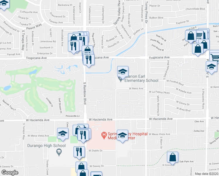 map of restaurants, bars, coffee shops, grocery stores, and more near 5050 South Rainbow Boulevard in Las Vegas