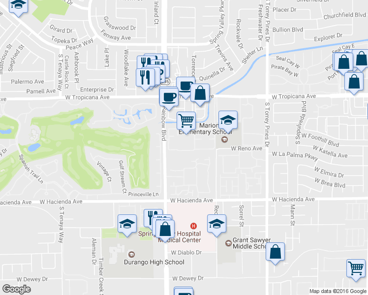 map of restaurants, bars, coffee shops, grocery stores, and more near 5072 South Rainbow Boulevard in Las Vegas