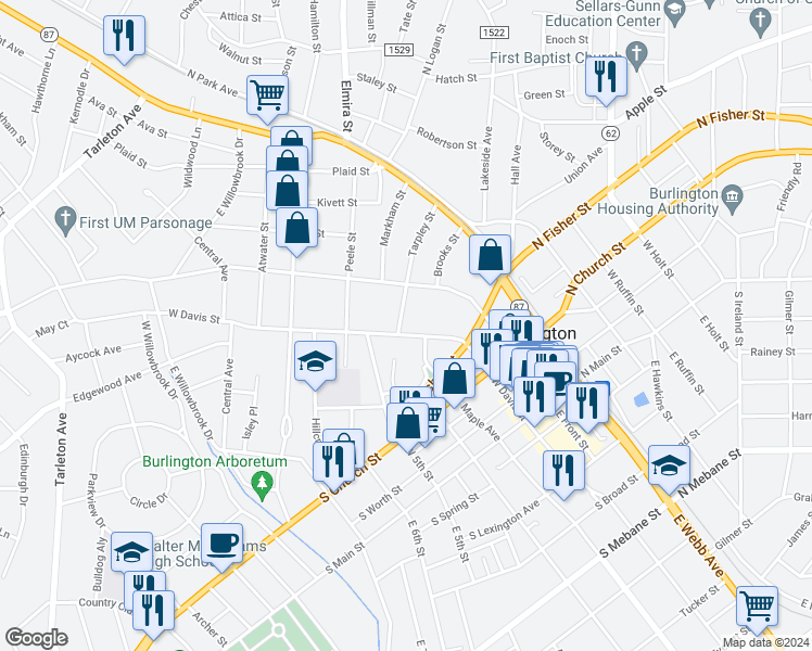map of restaurants, bars, coffee shops, grocery stores, and more near 603 West Davis Street in Burlington