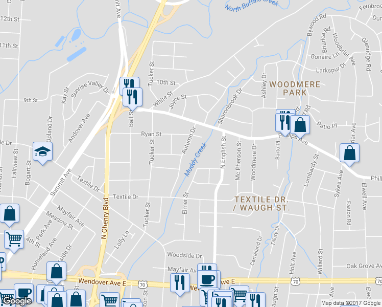 map of restaurants, bars, coffee shops, grocery stores, and more near 1506 Autumn Drive in Greensboro