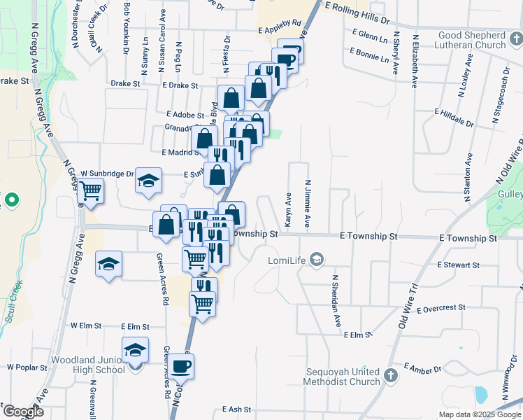 map of restaurants, bars, coffee shops, grocery stores, and more near 2433 North Brophy Avenue in Fayetteville