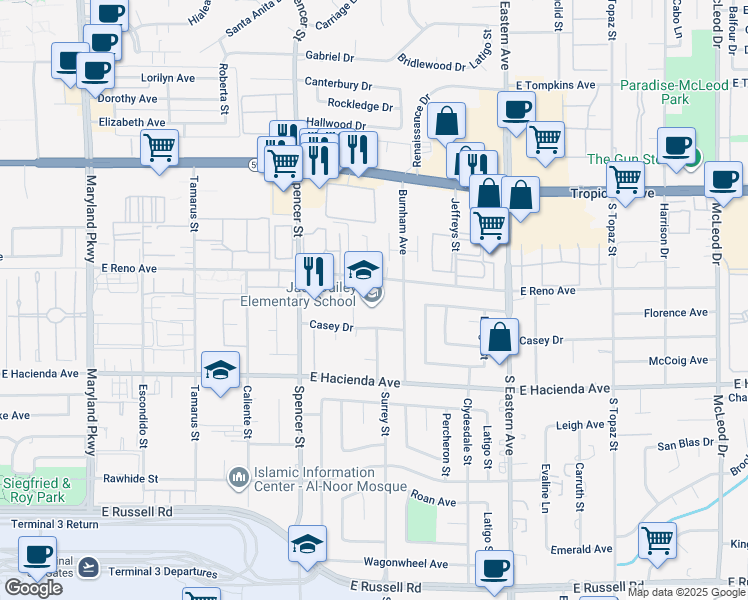 map of restaurants, bars, coffee shops, grocery stores, and more near 2001 East Reno Avenue in Las Vegas