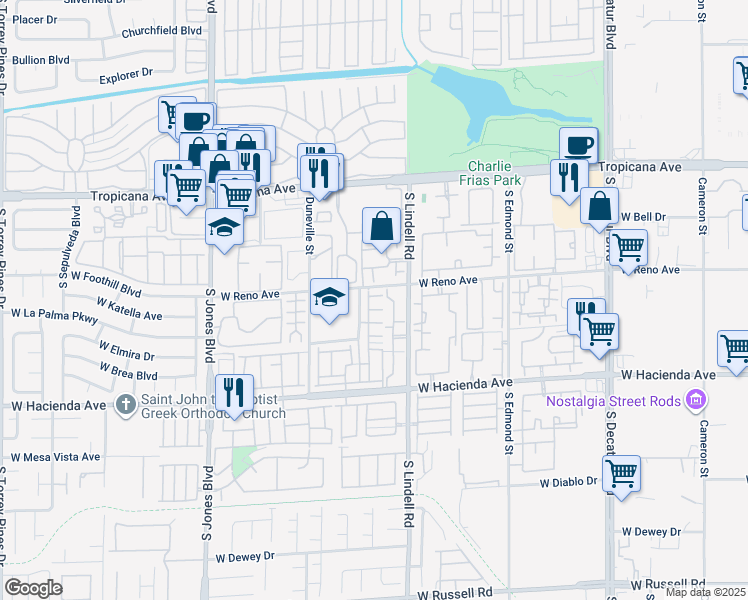 map of restaurants, bars, coffee shops, grocery stores, and more near 5617 Open Court in Las Vegas