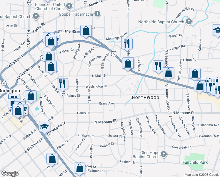 map of restaurants, bars, coffee shops, grocery stores, and more near 1020 Rainey Street in Burlington