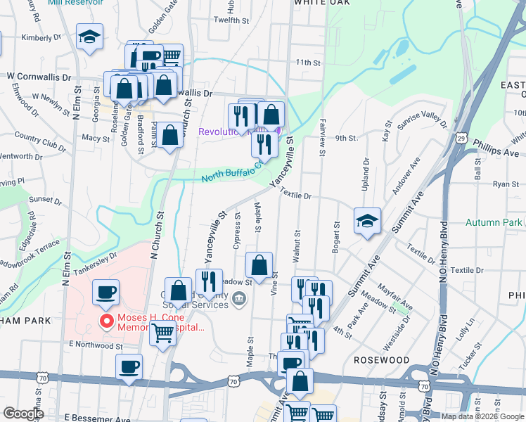 map of restaurants, bars, coffee shops, grocery stores, and more near 1417 Vine Street in Greensboro