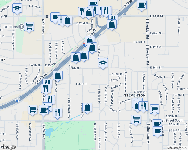 map of restaurants, bars, coffee shops, grocery stores, and more near 4625 South Granite Avenue in Tulsa