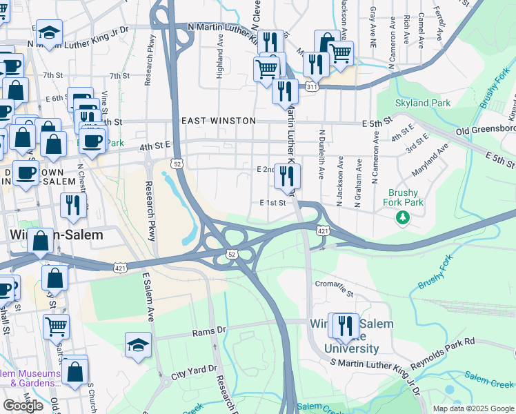 map of restaurants, bars, coffee shops, grocery stores, and more near 1210 East 1st Street in Winston-Salem
