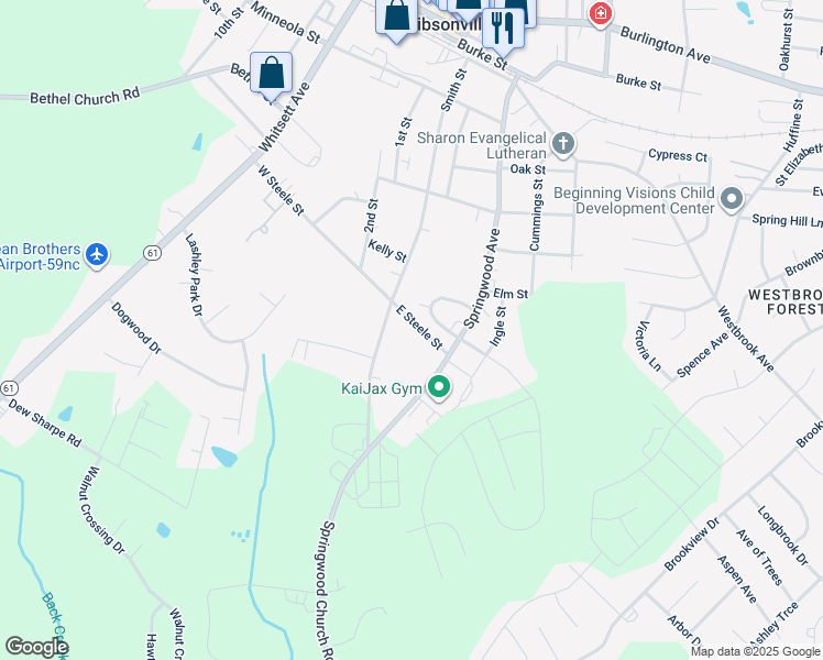 map of restaurants, bars, coffee shops, grocery stores, and more near 126 West Steele Street in Gibsonville