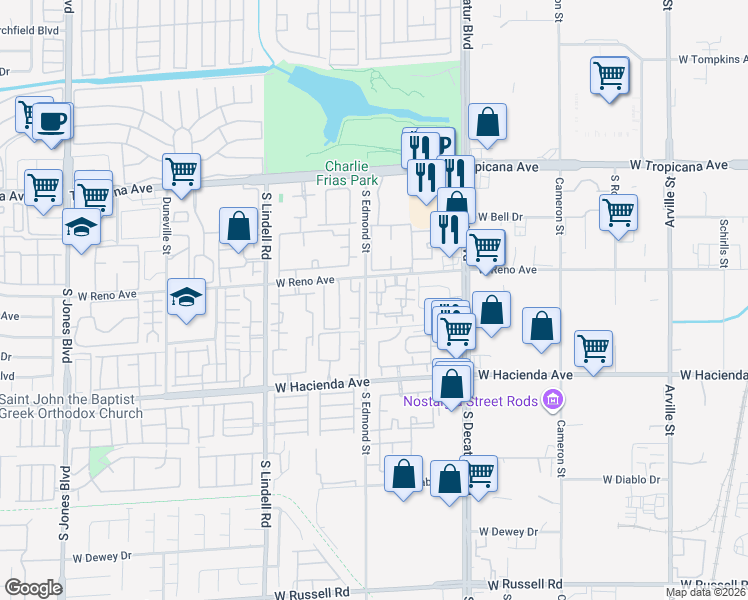 map of restaurants, bars, coffee shops, grocery stores, and more near 5125 West Reno Avenue in Las Vegas