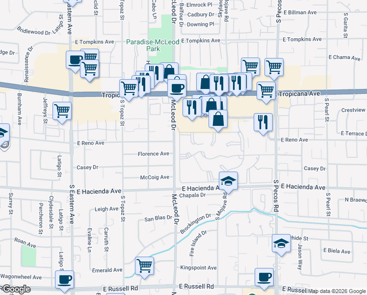 map of restaurants, bars, coffee shops, grocery stores, and more near 3044 Casey Drive in Las Vegas