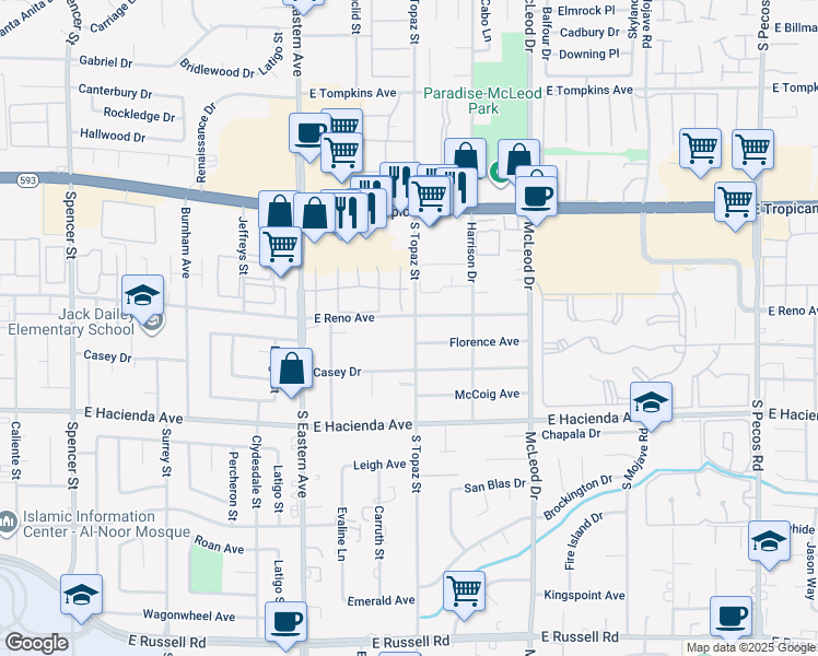 map of restaurants, bars, coffee shops, grocery stores, and more near 2565 East Reno Avenue in Las Vegas
