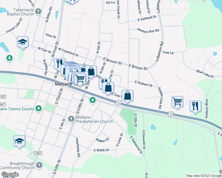map of restaurants, bars, coffee shops, grocery stores, and more near 202 North 7th Street in Mebane