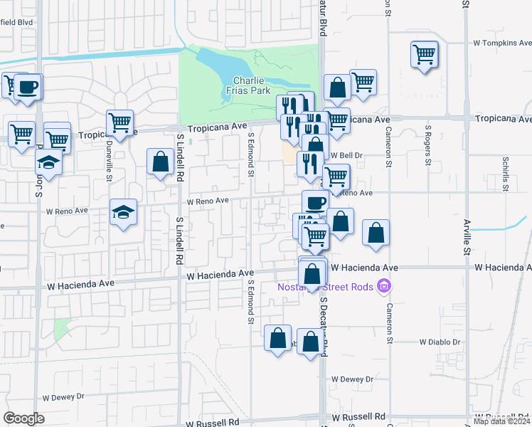map of restaurants, bars, coffee shops, grocery stores, and more near 5125 West Reno Avenue in Las Vegas