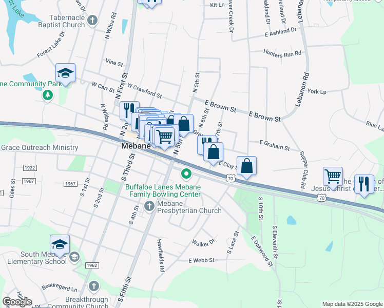 map of restaurants, bars, coffee shops, grocery stores, and more near 201 East Center Street in Mebane