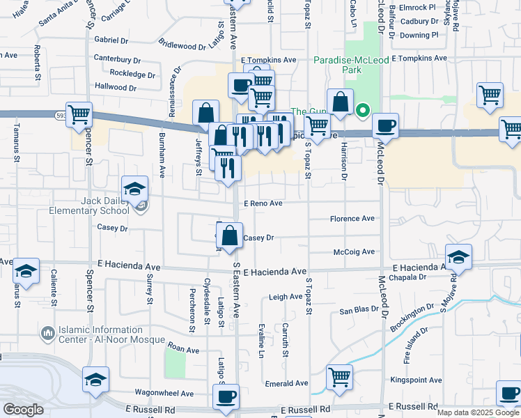 map of restaurants, bars, coffee shops, grocery stores, and more near 5110 Evaline Lane in Las Vegas